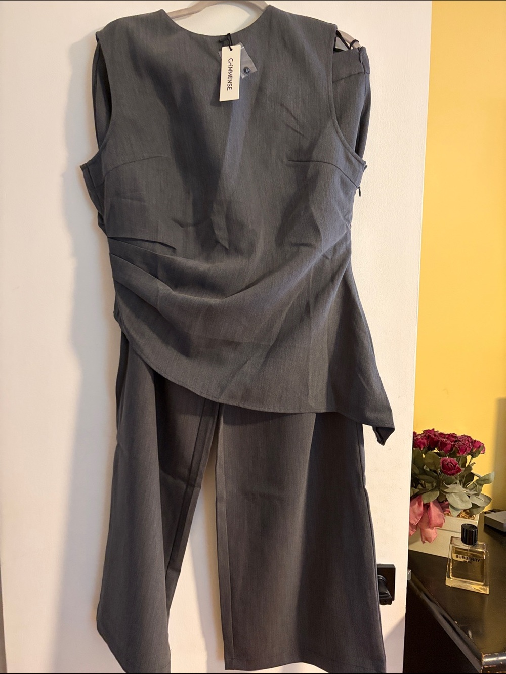 Commense Gray Sleeveless Asymmetrical Top with Wide-Leg Pants